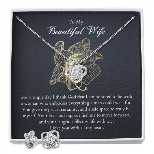 To My Beautiful Wife Love Knot Earring & Necklace Set | Anniversary Gift for Wife, Christmas Gift for Wife