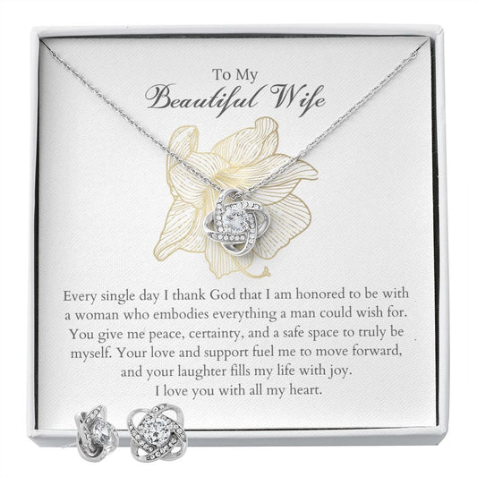 To My Beautiful Wife Love Knot Earring & Necklace Set | Anniversary Gift for Wife, Christmas Gift for Wife