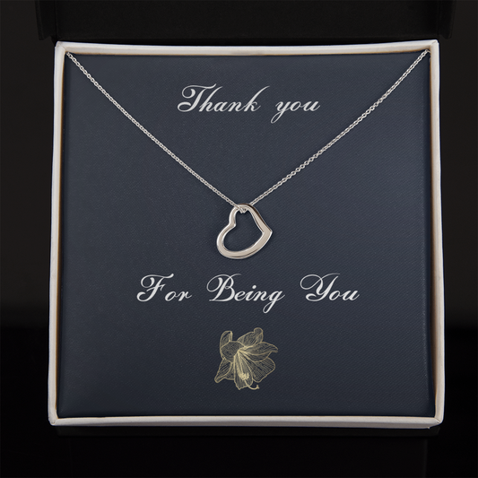 Thank You For Being You Necklace, Friendship Gift, Necklace For a Friend, White Gold Necklace, Heart Shaped Necklace